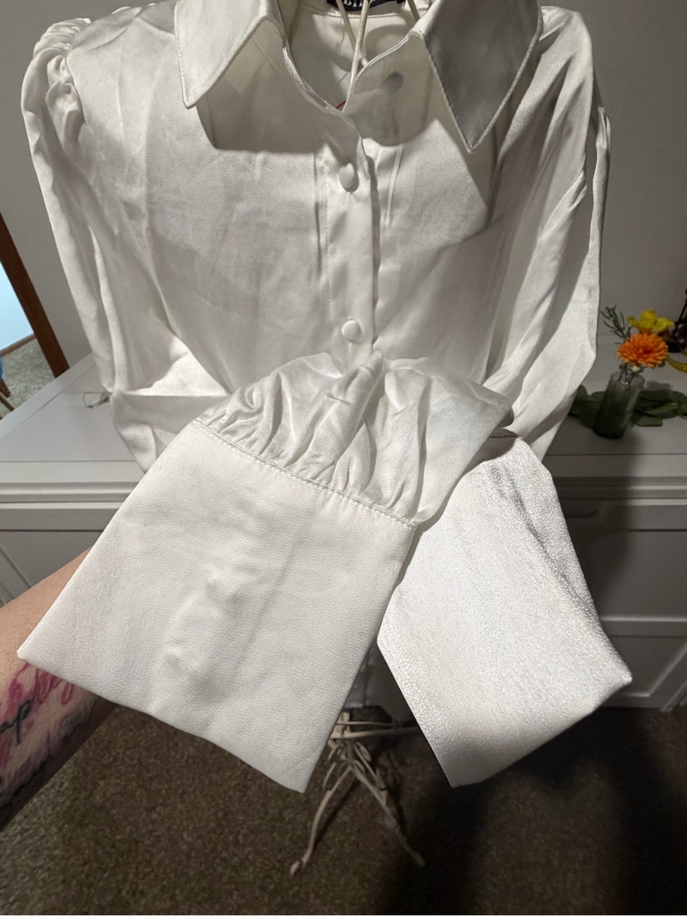 Classic White Button-Front Satin look Blouse with Pointed Collar - Picture 4 of 10